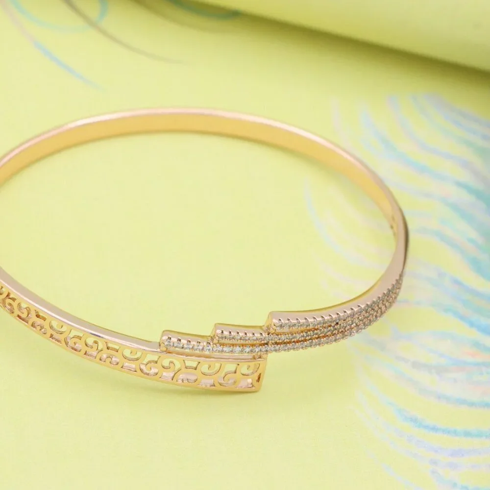 Rose Gold Bangle with Cutout Scroll Design and Triple Row Stones, XPBL0526 - Picture 3 of 12